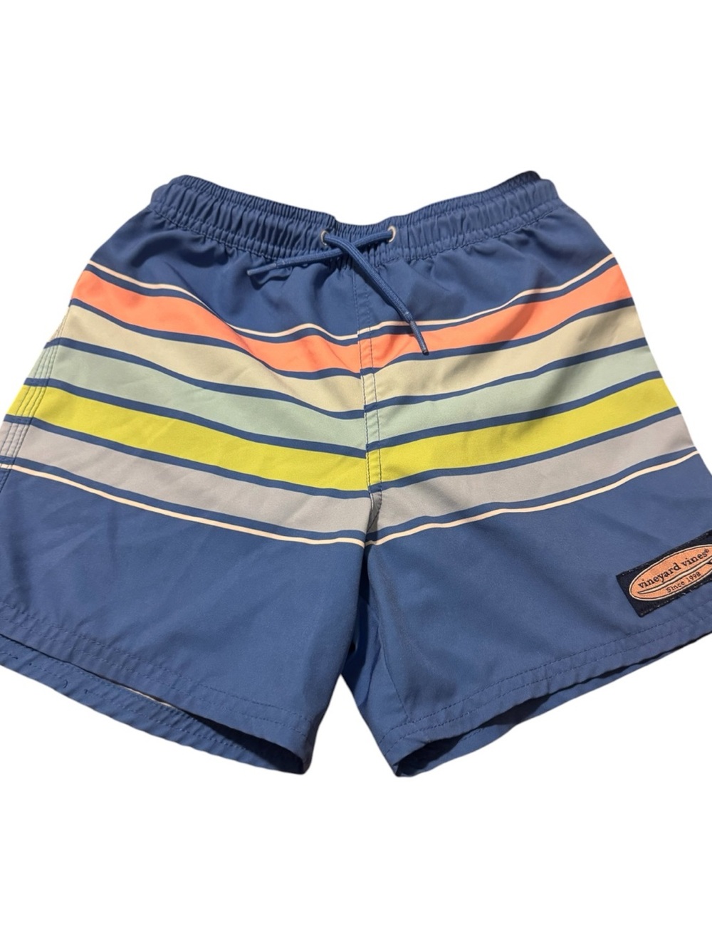 Vineyard Vines Striped Blue Swim Trunks with Coral & Yellow Stripes